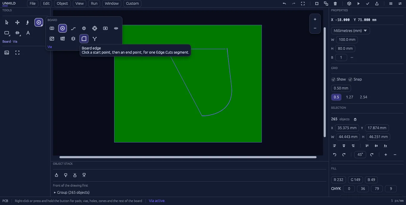 The board tool's submenu with icons for pad, via, trace, mounting hole, and board edge, drawing a custom board outline.