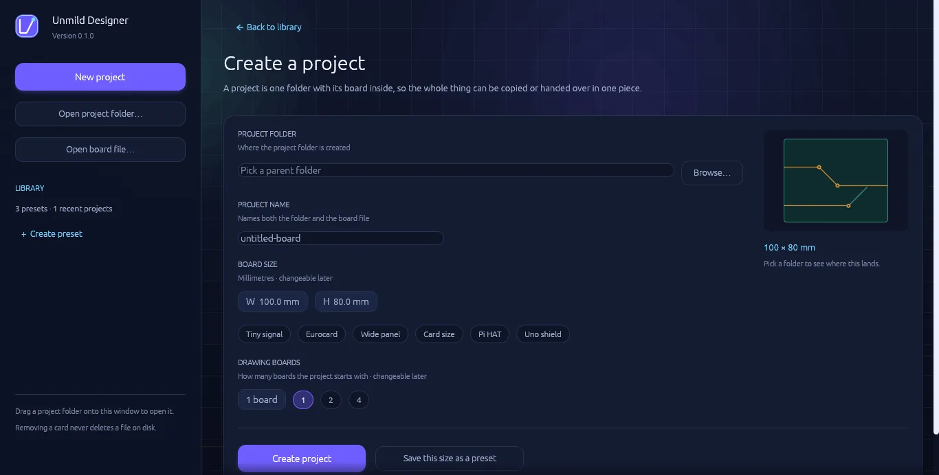 The Create a project dialog: pick a parent folder, name the project, set board size in millimetres with quick presets like Eurocard and Pi HAT, and choose how many boards to start with.