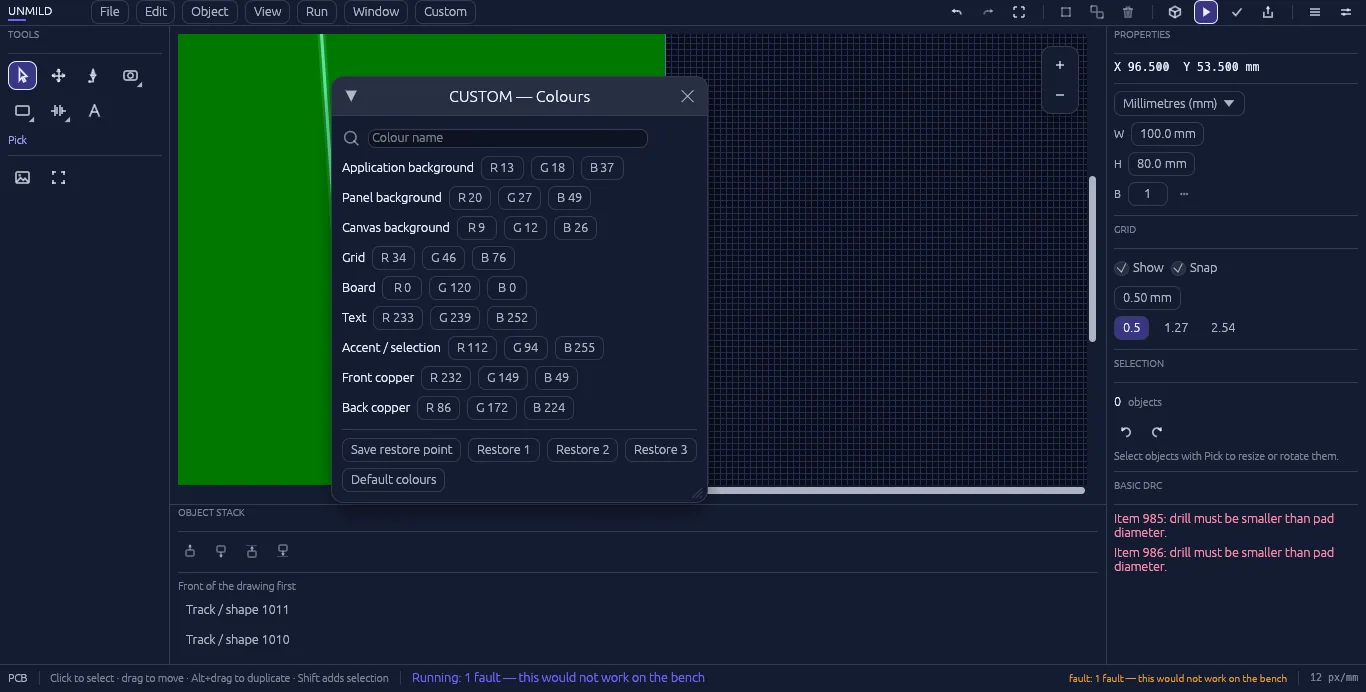 Unmild Designer's custom color theme editor.