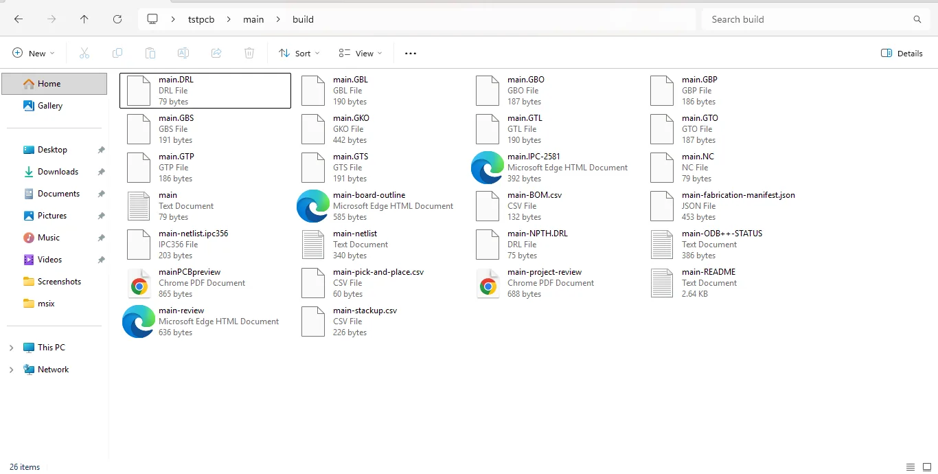 A file explorer showing Unmild Designer's export output: Gerber files, drill files, BOM, pick-and-place, stackup, fabrication manifest, and README.