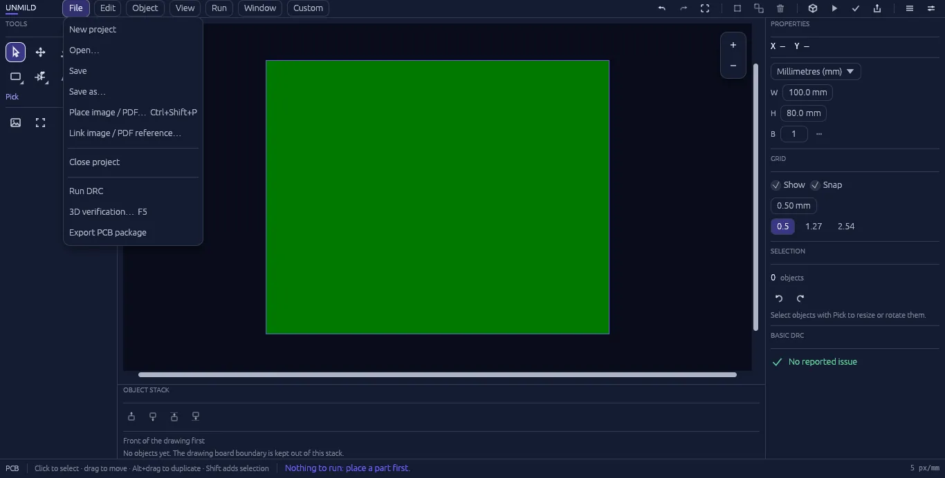The File menu open, showing New project, Open, Save, Save as, Place image or PDF, Link image or PDF reference, Close project, Run DRC, 3D verification, and Export PCB package.