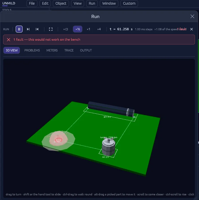 Unmild Designer's Run view showing a 3D board mid-simulation, a motor spinning at 7,398 RPM, and a flagged fault reading '1 fault — this would not work on the bench'.