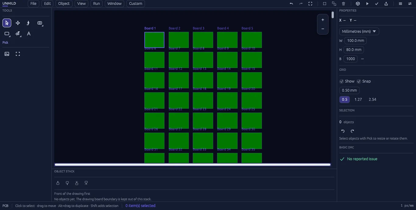 A grid of PCB boards laid out in Unmild Designer, showing Board 1 through Board 35 of a project supporting up to 1,000 boards.