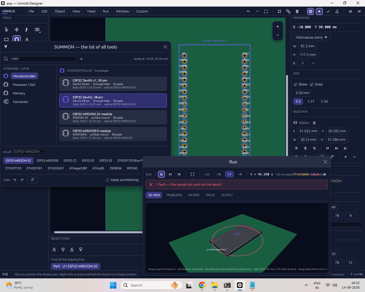 Unmild Designer showing an ESP32 board, the microcontroller library, and the Run window ready to inspect behavior.