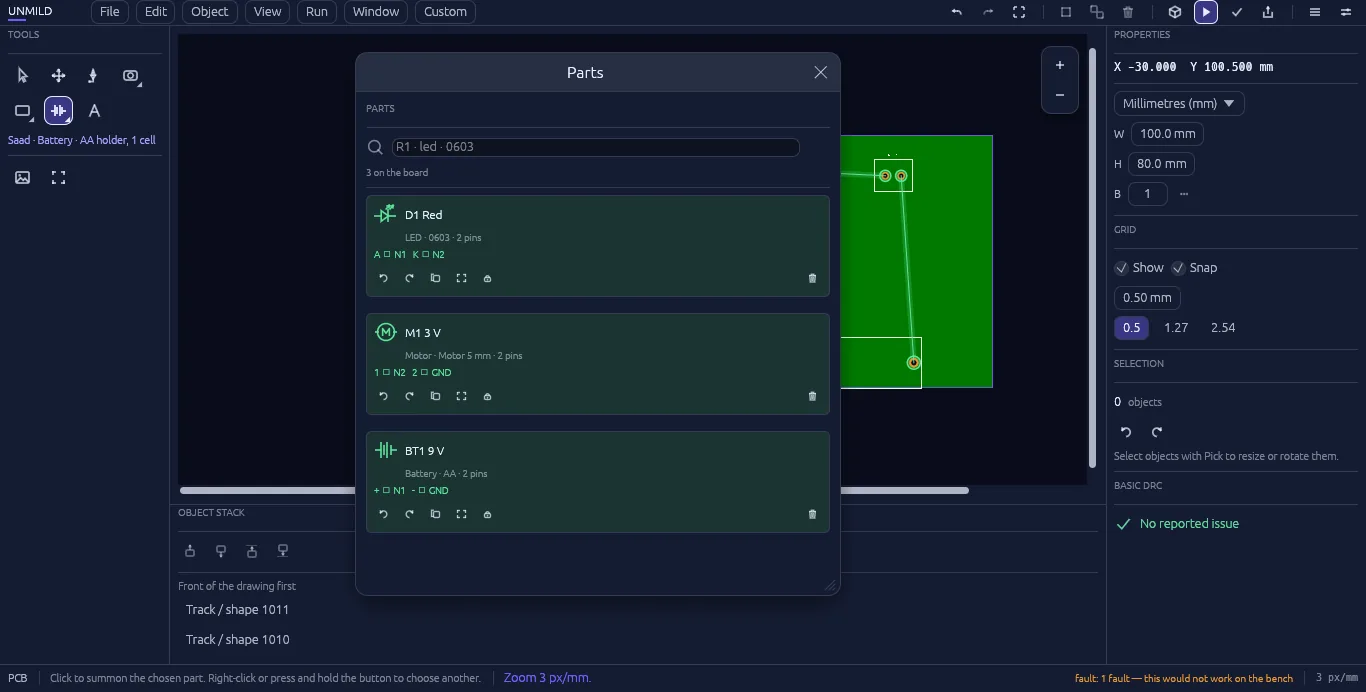 The Object menu's parts-of-board view, listing what's currently placed on the board.