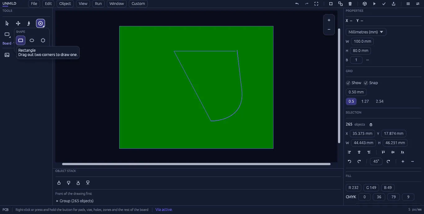The shape tool drawing rectangles, ellipses, and polygons on the board.