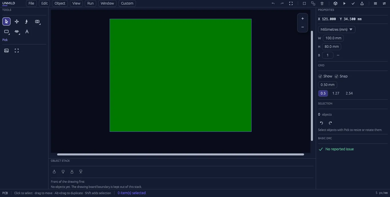 Unmild Designer's main workspace: a green PCB board on a dark canvas, with the toolbox on the left and a properties panel on the right showing board size, grid, and a live Basic DRC status of No reported issue.